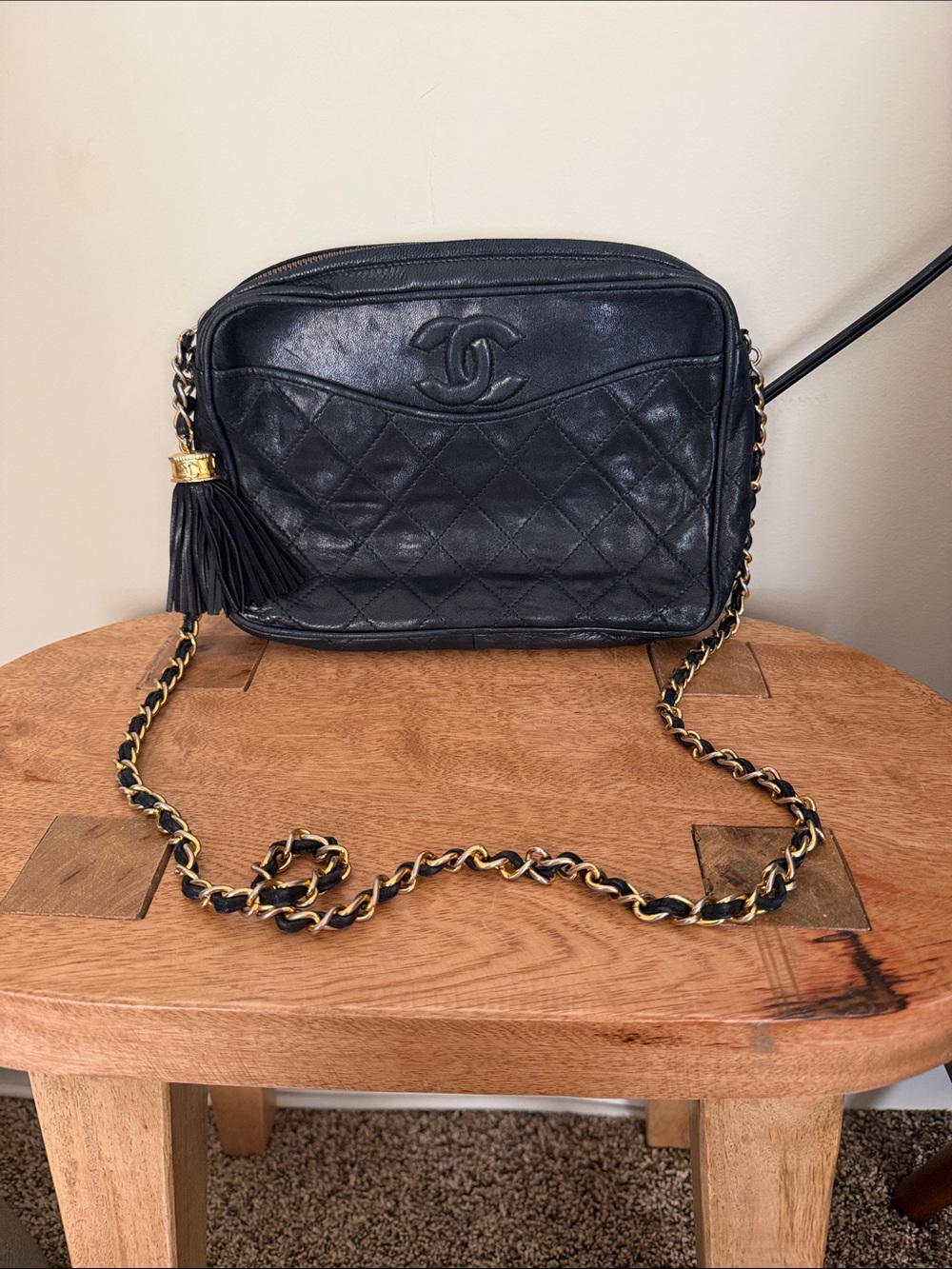 CHANEL Black Quilted Lambskin Leather Camera Crossbody Bag with Tassel